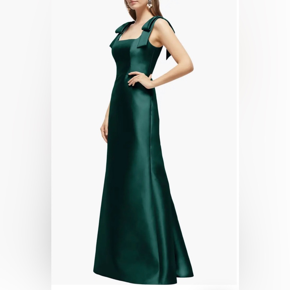 New Alfred Sung Bow Strap Satin Twill Trumpet Gown Green Maxi Dress Size 16R - Picture 3 of 3
